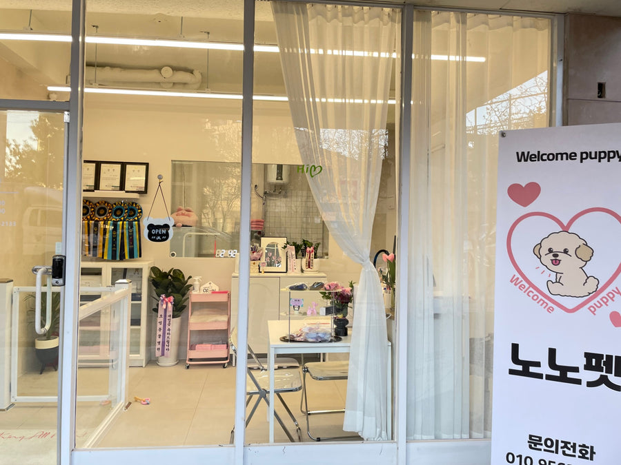 NONOPET grooming salon storefront in Paju, Korea, with award ribbons in the window