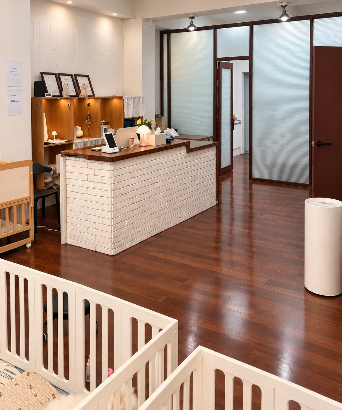 Reception desk and puppy play pens inside the BunnyPuppy boutique in Goyang, Korea