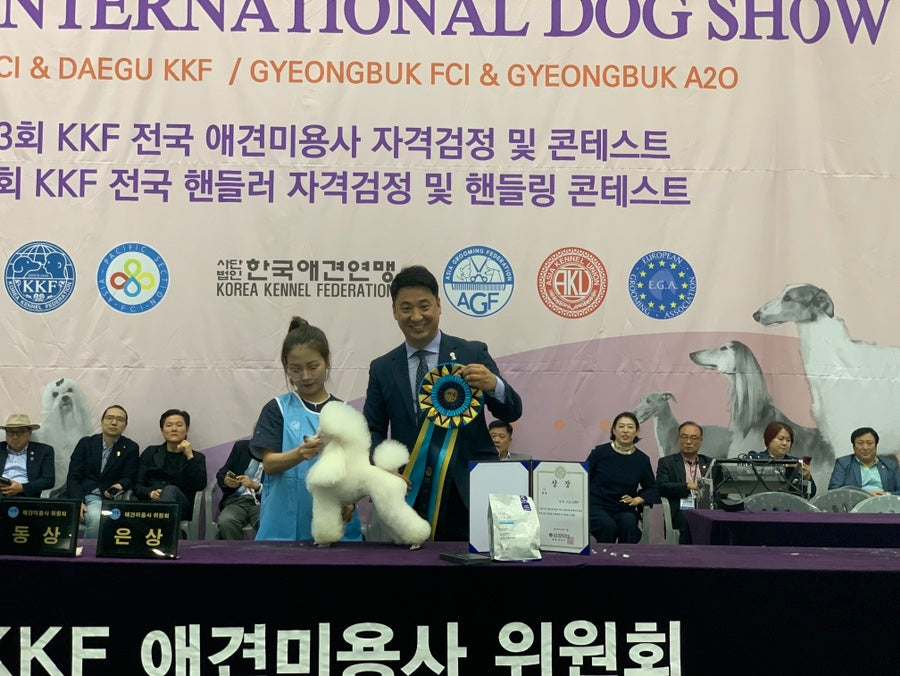 BunnyPuppy founder receiving a KKF grooming award on stage