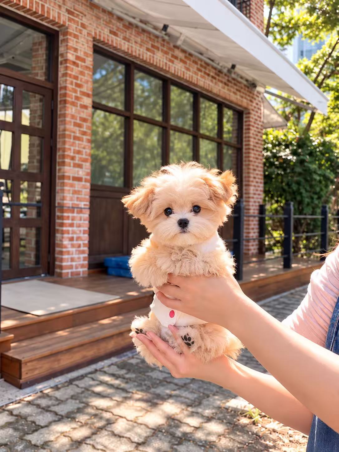 A fluffy cream BunnyPuppy puppy held up in the sunshine